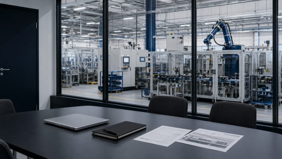 Besprechung mit Blick in eine Fertigungshalle