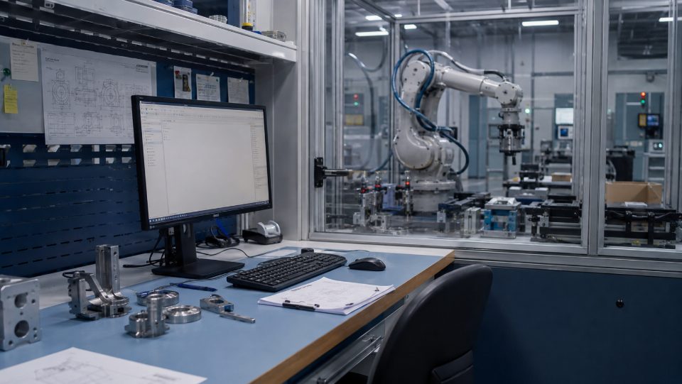 Engineering-Arbeitsplatz mit Bildschirmen neben einer Roboterzelle