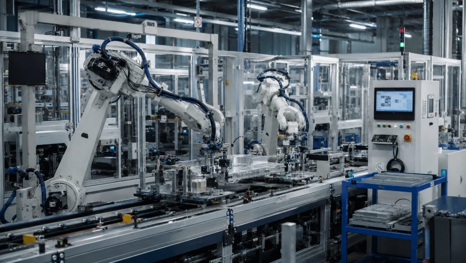 Automatisierte Roboterzelle in einer Montagelinie